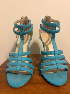 Strappy Turquoise Women's Heels  - Back Gold Zipper